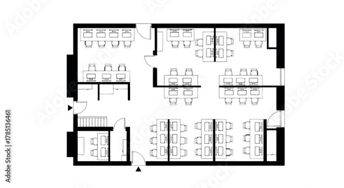 Black and white floor plan of an office space with cubicles and meeting rooms