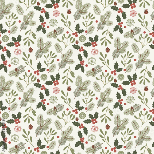 Christmas Seamless Pattern. Botanical Greenery Winter Foliage. Pine Holly Berries Mistletoe Design Vector. Texture Wallpaper Fabric Textile Print Seasonal Decor.