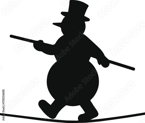 Black silhouette of a snowman wearing a top hat balancing on a tightrope with a stick white