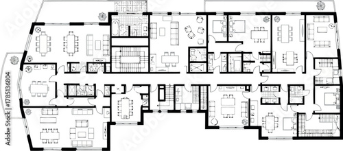 Architectural floor plan of a large residential apartment with multiple rooms and a balcony