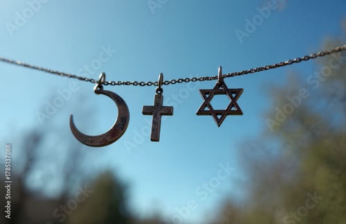 Islamic crescent, Christian cross, Jewish Star of David hang on thin chain against bright blue sky background with soft green trees. Symbols represent major world religions, harmony, diversity, © Vadym