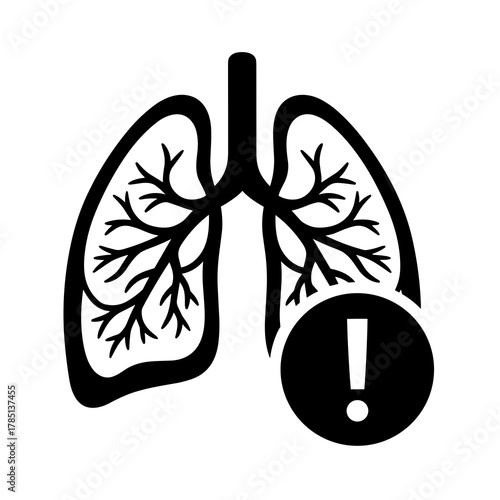Illustration of lungs with an exclamation mark indicating a potential health problem or warning sign icon