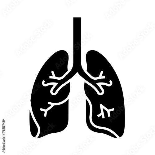 Illustration of human lungs with trachea and bronchi in black and white anatomical representation icon