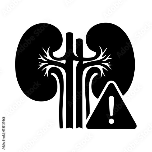 Black and white illustration of kidneys with visible arteries and an adjacent warning triangle symbol icon