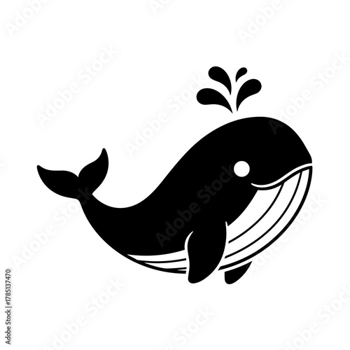 A simple black and white illustration of a whale spouting water from its blowhole in the ocean deep icon