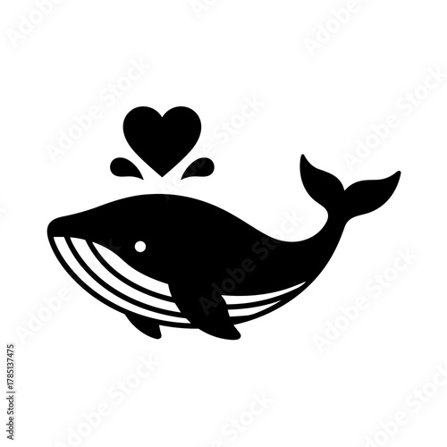 Silhouette of a whale with a heart shaped water spout on a white background illustration art design icon