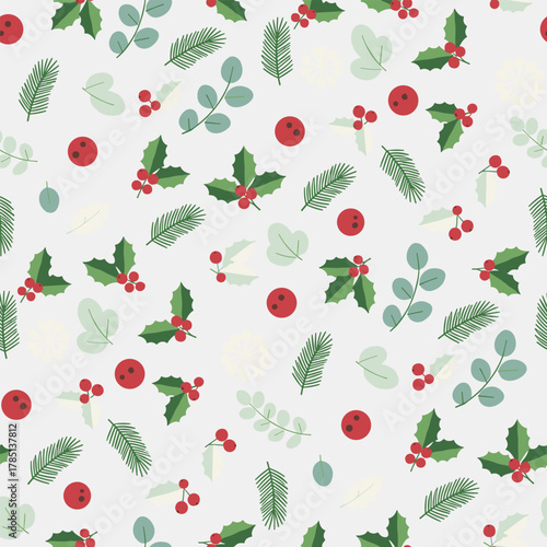 New Year Christmas Seamless Pattern. Botanical Foliage Winter Holiday Illustration. Green Pine Holly Leaves Red Berries Vector. Fabric Textile Wallpaper. Wrapping Paper.