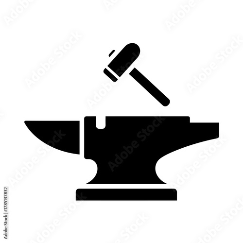 Illustration of a blacksmith anvil with a hammer poised above it in a simple black silhouette icon