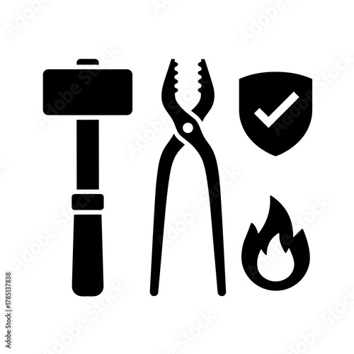 Illustration of blacksmith tools including hammer tongs shield and flame in black and white design icon