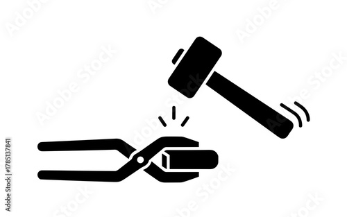 Illustration of a hammer striking metal held by tongs with sparks flying in black and white style icon
