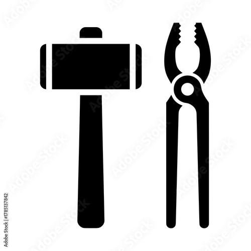 Illustration showing a mallet and a pair of tongs or pliers in a simple black and white design style icon