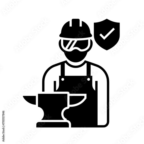 Illustration of a blacksmith with safety glasses and hardhat next to an anvil with a shield icon icon