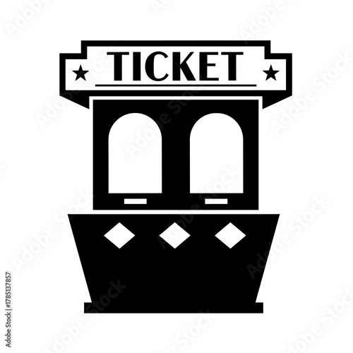 A black and white graphic of a ticket booth with stars and diamond shapes on the front side view icon