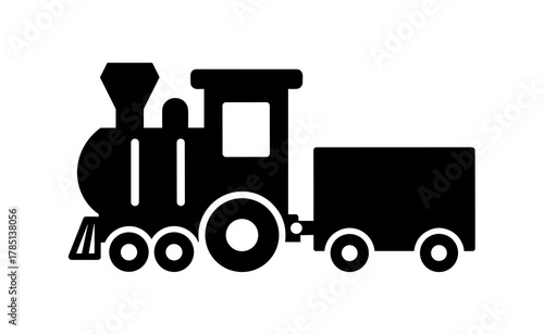 Silhouette of a steam train engine pulling a cargo car in black and white simple vector art style icon