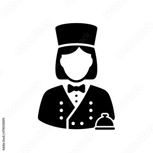 Illustration of a hotel bellhop in uniform with a bell on the counter in black and white style icon