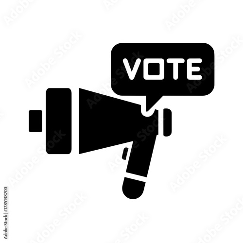 A megaphone with a speech bubble containing the word vote in solid black color on a white background icon