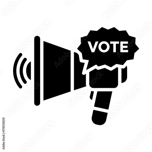 A black and white graphic of a megaphone with the word vote coming from it in a burst shape icon