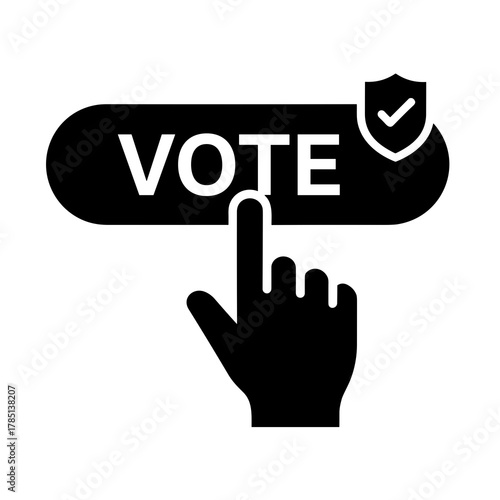 A hand pressing a vote button with a shield icon indicating secure voting process in black and white icon