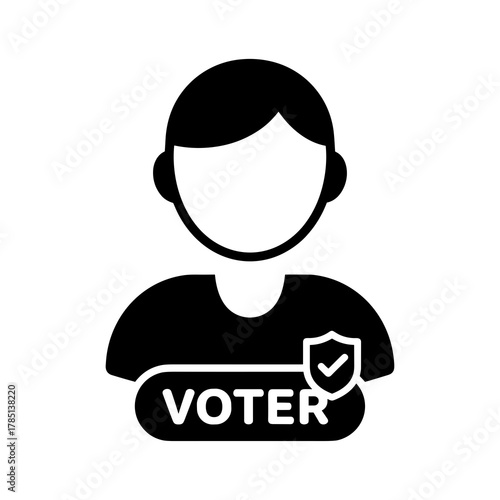 Illustrated person icon with voter badge and shield symbol indicating verified status shown clearly icon