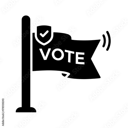 Illustration of a flag with the word vote on it and a shield with a check mark on the pole icon