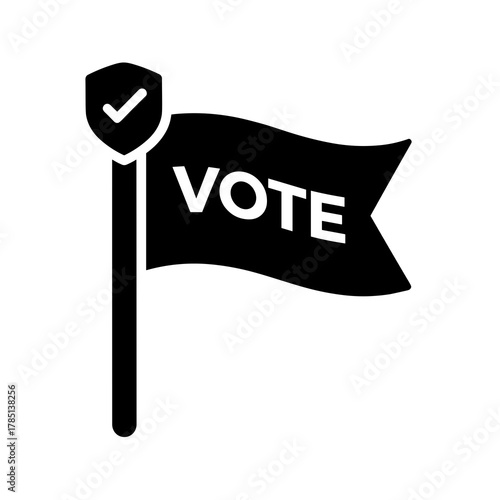 Black and white graphic of a vote flag on a pole with a checkmark on a shield at the top end icon