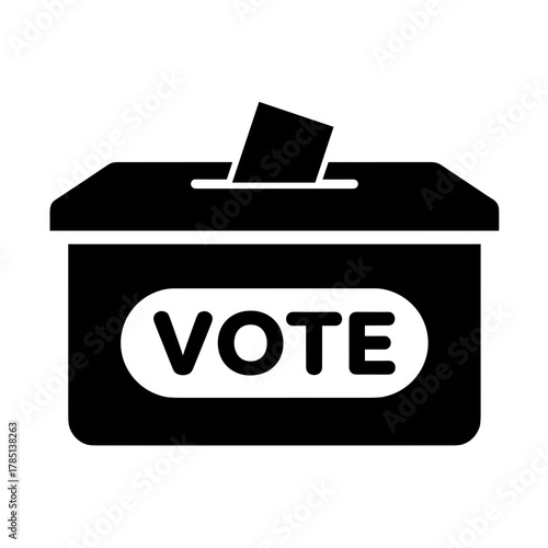 Black and white graphic of a ballot box with a ballot being inserted and the word vote on the front icon