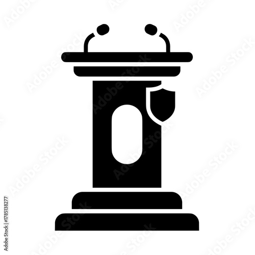 Illustration of a black podium with two microphones and a shield on the side with a white oval space icon