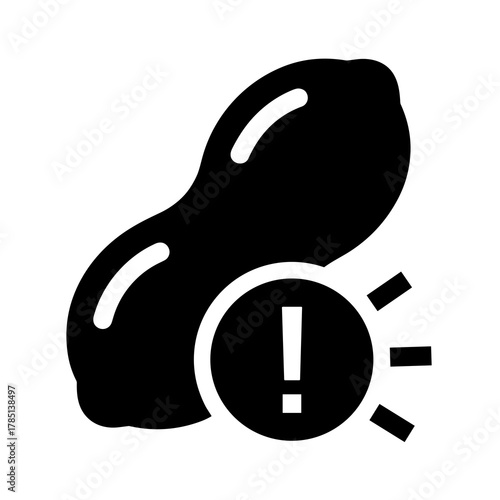 Black peanut with an exclamation mark inside a circle icon indicating a potential allergy concern here icon
