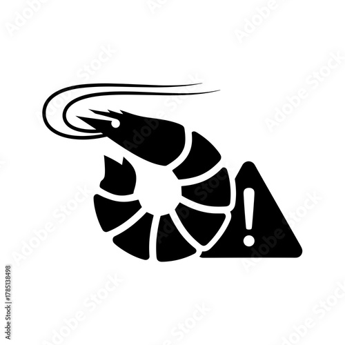 Silhouette of a shrimp with antennae and a triangle warning sign indicating a potential hazard nearby icon