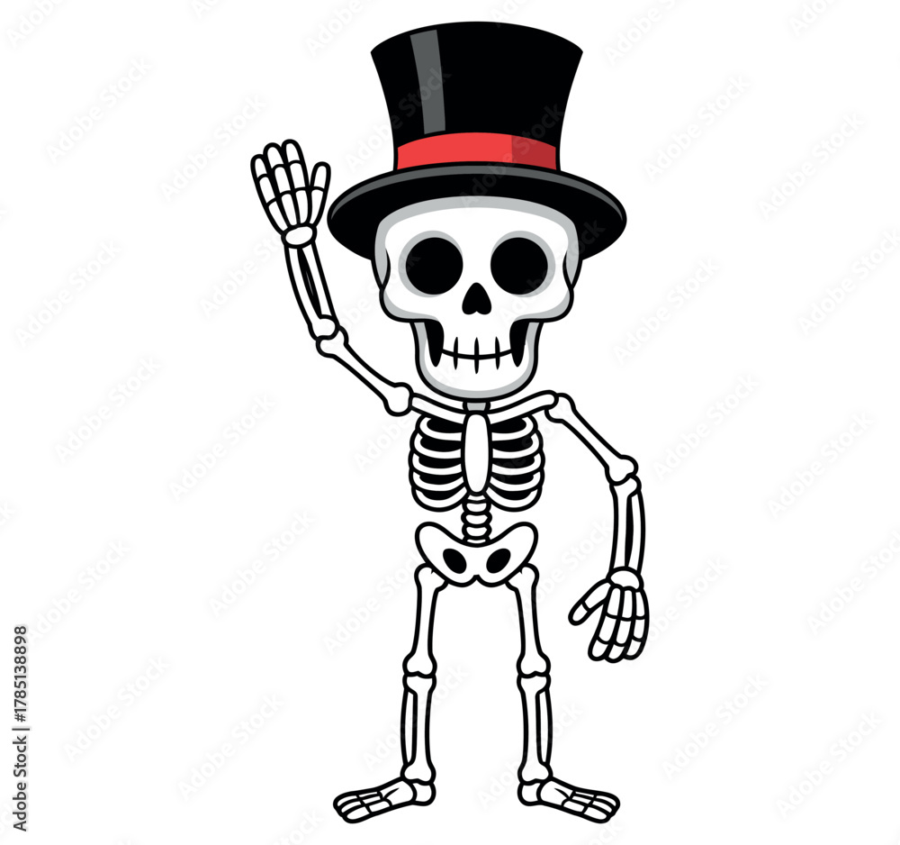 Fototapeta premium A friendly skeleton wearing a top hat waves hello with its hand and stands against a white background.
