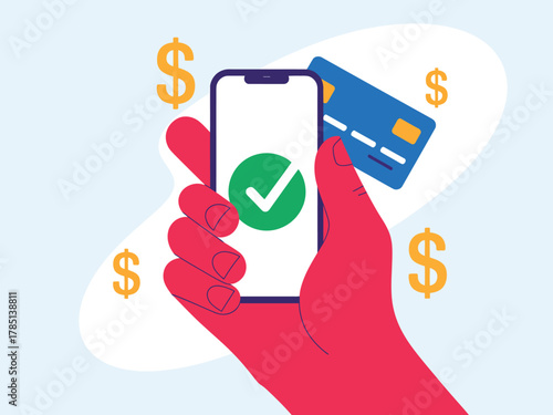 A hand holds a smartphone displaying a successful payment confirmation next to a credit card.