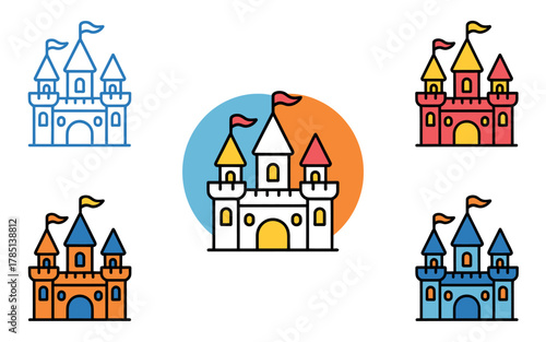 A collection of stylized castle icons in various colors and outlines.