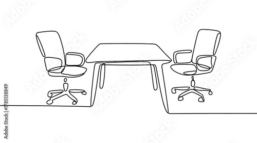 A table and two chairs are depicted in a minimalist, continuous line drawing style.
