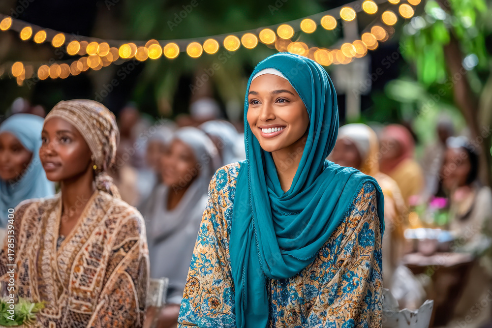 Fototapeta premium Smiling woman in blue hijab enjoys lively gathering under sparkling lights during a warm evening celebration