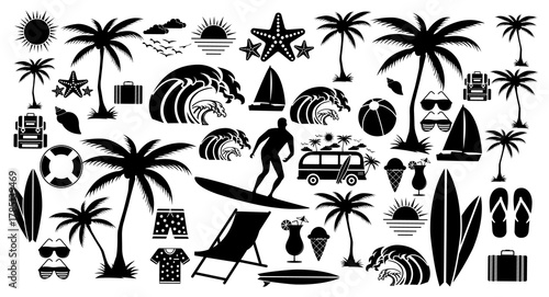 Collection of beach silhouette icon set. Tropical summer vacation elements in black outline. Perfect for palm trees, waves, surfboards, sunsets, sailboats, drinks & summer vacation elements.