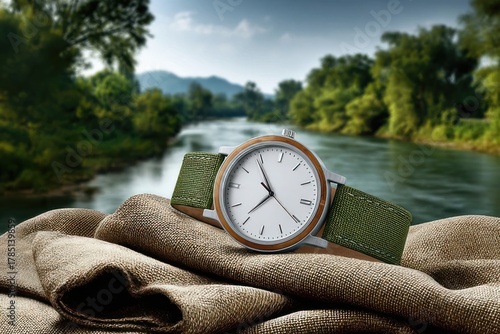 Elegant watch resting on soft fabric by a serene river during golden hour, capturing nature’s beauty and fine craftsmanship
