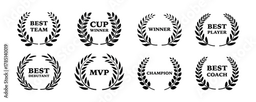 Sport awards and best nominee award wreaths on white background.  Laurel wreath icon. Symbol of victory, achievement, honor, quality product, or success. Vector illustration