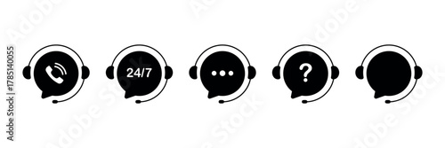 Customer support service. Online support service with headphones. Headphones with microphone and chat speech bubble. Hotline support service. Call center symbols. Vector illustration