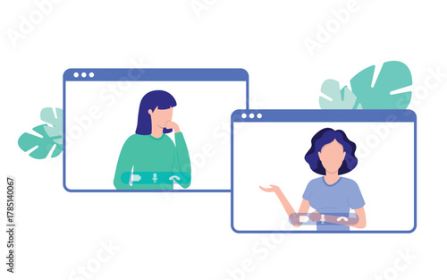 Online Video call conference. Social distancing, business discussion. Video conference interface. Online meeting, webinar, remote work. Online technology concept vector illustration