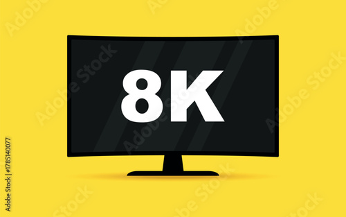 Flat screen tv with 8k Ultra HD video technology. Digital wide television concept. Led television display with high definition digital tech symbol.  Idea of wide screen computer monitor