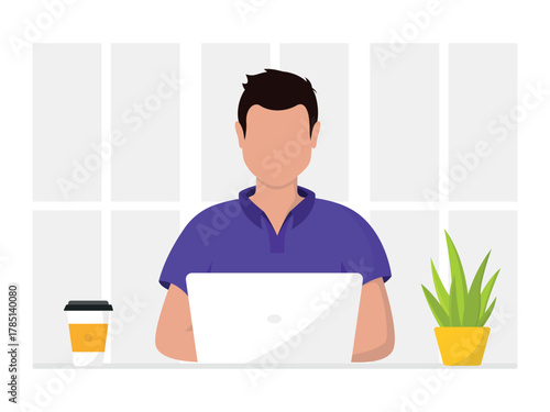 Office work and remote work, freelance. Young man working on computer. Man working on laptop sitting at table workplace thinking of task. Online study, education. Vector illustration in flat style