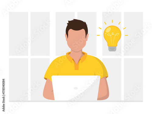 Office work and remote work, freelance. Young man working on computer. Man working on laptop sitting at table workplace thinking of task. Online study, education. Vector illustration in flat style