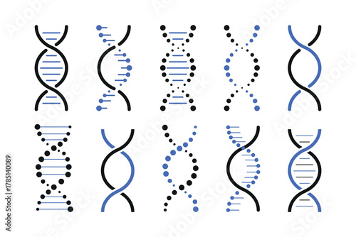Set of DNA icons. Life gene model bio code genetics molecule medical symbols. Structure molecule, chromosome icon. Vector set of elements DNA