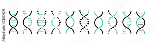 Set of DNA icons. Life gene model bio code genetics molecule medical symbols. Structure molecule, chromosome icon. Vector set of elements DNA