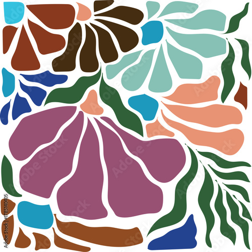 
A set of colorful abstract floral pattern illustrations featuring organic shapes and modern botanical elements. Perfect for textile prints, wallpaper design, branding, packaging, invitations, and dig