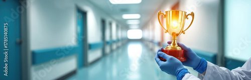 Doctor in gloves holds golden trophy cup in hospital hallway. Medical staff received award for excellence in health care. Achievement in medicine or research.
