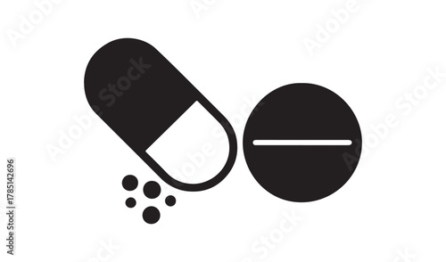 Black and white icon of a capsule and a pill with powder