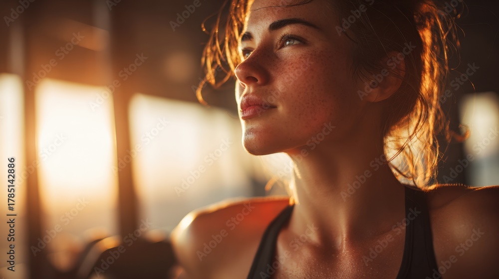Fototapeta premium A young woman stands in the gym, looking serene as sunlight streams through the windows. She appears deep in thought, reflecting on her fitness journey and goals.