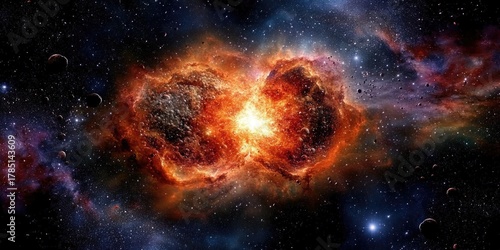 Cosmic collision: fiery explosion of celestial bodies in deep space