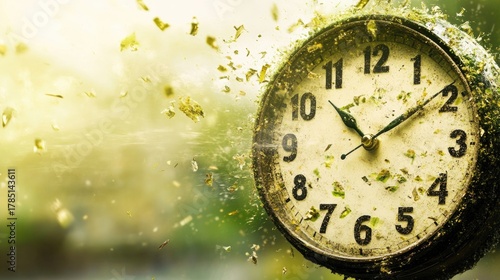 Antique clock exploding in a dramatic burst of time and motion